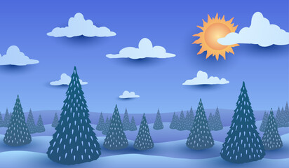 Vector illustration. Cartoon sun and clouds Christmas trees, ice and snow.