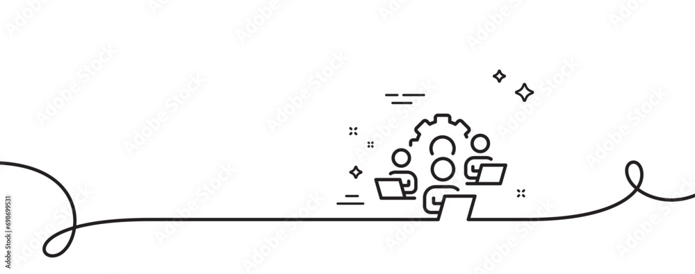 Poster teamwork line icon. continuous one line with curl. remote office sign. team employees symbol. teamwo