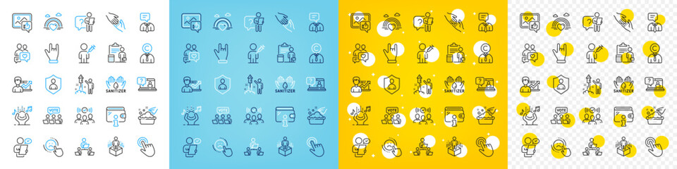 Vector icons set of Success business, Augmented reality and Like photo line icons pack for web with Search employee, Wallet, Hand sanitizer outline icon. Horns hand, People vaccination. Vector - obrazy, fototapety, plakaty