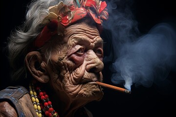 Elderly woman wearing large glasses smoking vintage pipe in charming village