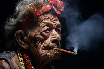 Foto op Aluminium Elderly woman wearing large glasses smoking vintage pipe in charming village © Emvats