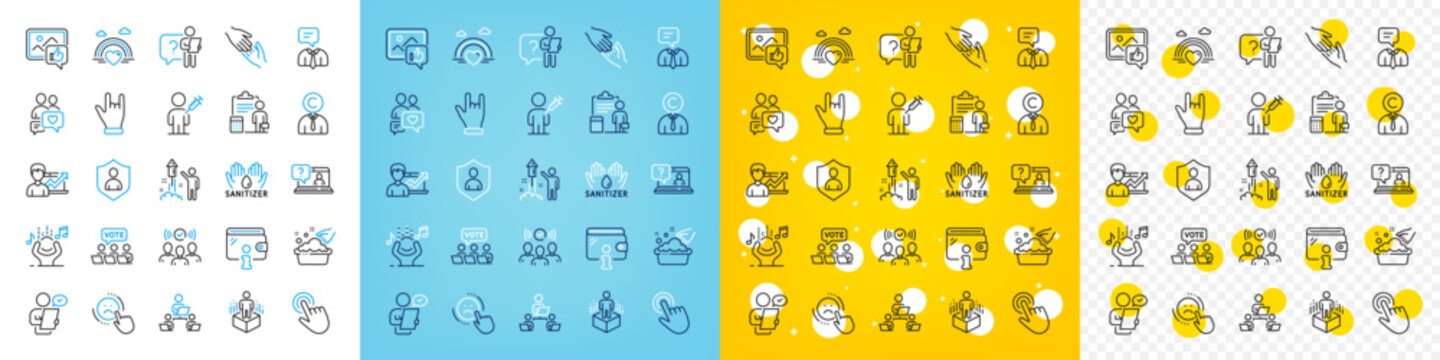 Vector icons set of Success business, Augmented reality and Like photo line icons pack for web with Search employee, Wallet, Hand sanitizer outline icon. Horns hand, People vaccination. Vector