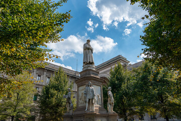 Milan, Italy, July 31, 2023. Monument to Leonardo da Vinci, Place de la Scala