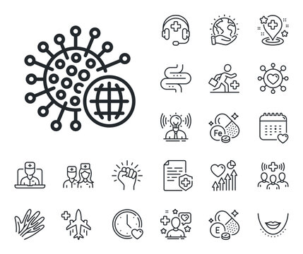 Covid-19 global virus sign. Online doctor, patient and medicine outline icons. Coronavirus pandemic line icon. Corona virus symbol. Coronavirus line sign. Vector