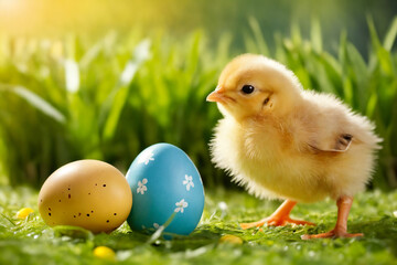 Yellow chick and easter eggs on green grass