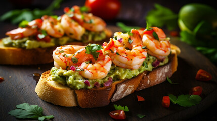 Bruschetta with avocado cream and shrimp close-up. A snack or appetizer of avocado toast with shrimp