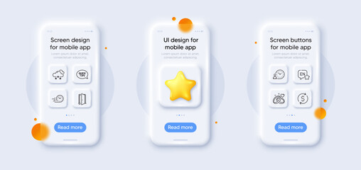 Open door, Fast delivery and English line icons pack. 3d phone mockups with star. Glass smartphone screen. Dollar exchange, Marriage rings, Time management web icon. Vector