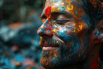 Portrait of a young man smeared with colours. Concept for Indian festival Holi.