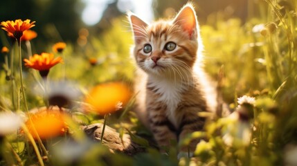 Naklejka na ściany i meble Playful exploration: curious kitten in a meadow of vibrant flowersr