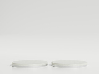 Empty silver marble podium or pedestal display on white background with cylinder stand concept. Blank product shelf standing backdrop. 3D rendering.