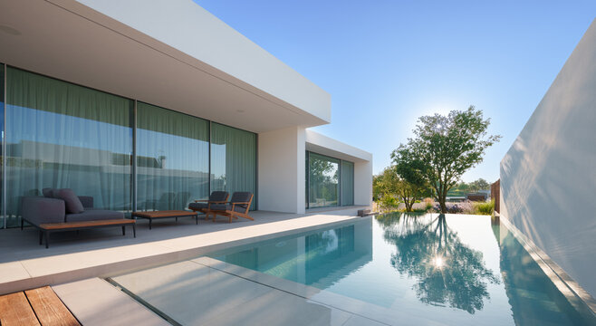 Modern minimalist sustainable house with a clear blue pool with sleek white walls, and a serene sky backdrop