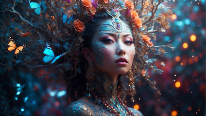 Portrait of stunningly beautiful Gaia Earth Goddess with flowers, branches and butterflies 