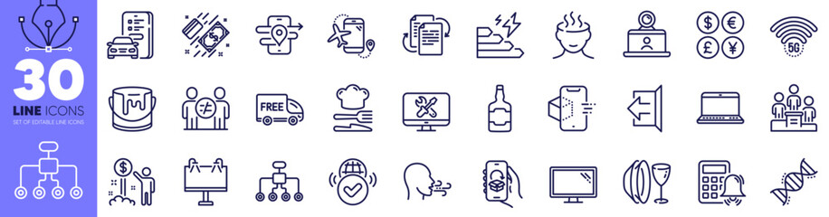 Notebook, Bureaucracy and Restructuring line icons pack. Calculator alarm, Repair, Consumption growth web icon. 5g wifi, Money currency, Gps pictogram. Payment, Video conference. Vector