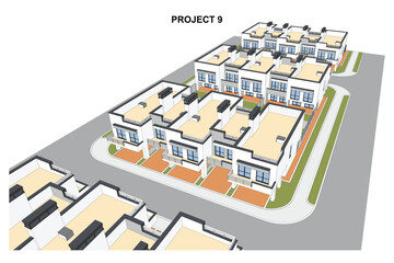 Naklejka premium Detailed architectural two story townhouse blueprints and drawings. Vector illustration