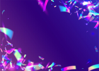 Fototapeta na wymiar Neon Effect. Bokeh Texture. Party Carnaval Serpentine. Violet Laser Confetti. Shiny Banner. Flying Art. Luxury Foil. Iridescent Background. Blue Neon Effect
