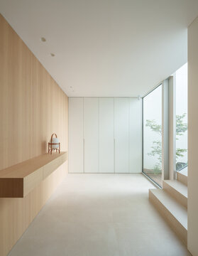 A minimalist interior with light wooden panels, white walls, and a large window providing ample natural light. A small wooden bench with a backrest is placed against the wall
