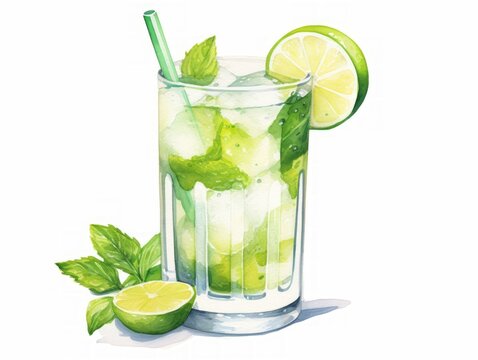 Refreshing Mojito Drink with Lime and Mint on White Background AI Generated