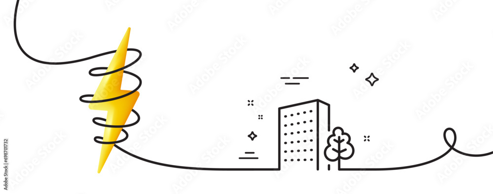 Poster buildings line icon. continuous one line with curl. city architecture with tree sign. skyscraper bui
