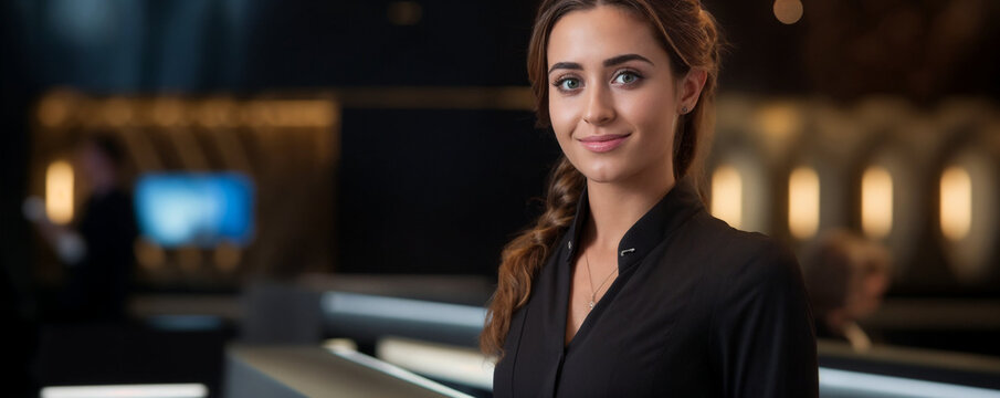 une femme, caucasienne, cheveux long, r&eacute;ceptionniste ou h&ocirc;tesse d'accueil