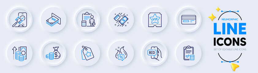 Coins bag, Credit card and Accounting checklist line icons for web app. Pack of Inflation, Loyalty tags, Payment pictogram icons. Vip ticket, Auction, Hot offer signs. Bid offer. Vector