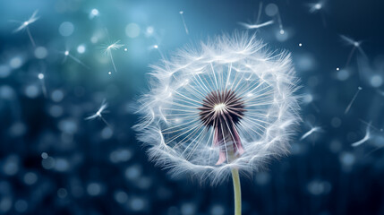 Obraz premium a dandelion with its seeds being carried away by the wind, set against a dark, bokeh background. White and delicate, with seeds blowing away. 