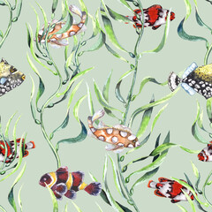Watercolor different fishes in the seaweeds. Underwater life. Green background