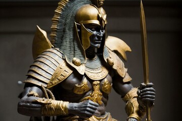An ancient artwork depicting a golden Egyptian Ghulam warrior. Generative AI