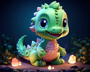 3d illustration of dinosaur cartoon character for children. Fairy-tale character 3D baby dragon. Cute dinosaur or dragon print for clothing, stationery, books. Concept of 3D toy dinosaur, dragon.