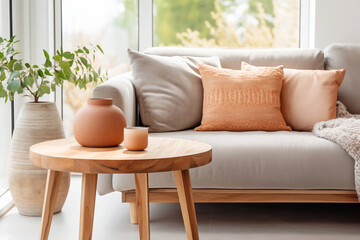 Minimal living room with wooden coffee table near sofa close-up. Interior in trendy peach colors - obrazy, fototapety, plakaty