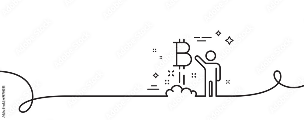 Poster bitcoin line icon. continuous one line with curl. cryptocurrency startup sign. crypto project symbol