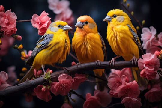 Generative AI illustration of A charming trio of yellow canaries perches on a branch surrounded by delicate pink blossoms