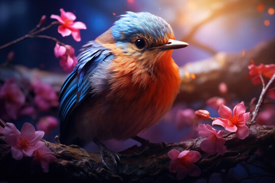 Generative AI illustration of closeup of A solitary bird is nestled amidst cherry blossoms, with the twilight hues casting a serene glow on its vibrant plumage