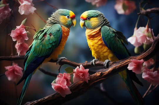 Generative AI illustration of Two colorful parakeets are nestled among the soft pink flowers of a blooming branch