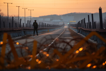 Border of South Kore and North Korea. Border with barbed wire on fence. Human rights in North Korea. Border guard, Military man guarding Border. Guard troops working with the Customs. military troop.