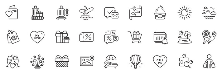 Icons pack as Map, Flight sale and My love line icons for app include Air balloon, Discounts chat, Ice cream outline thin icon web set. Search puzzle, Discount banner, Call me pictogram. Vector