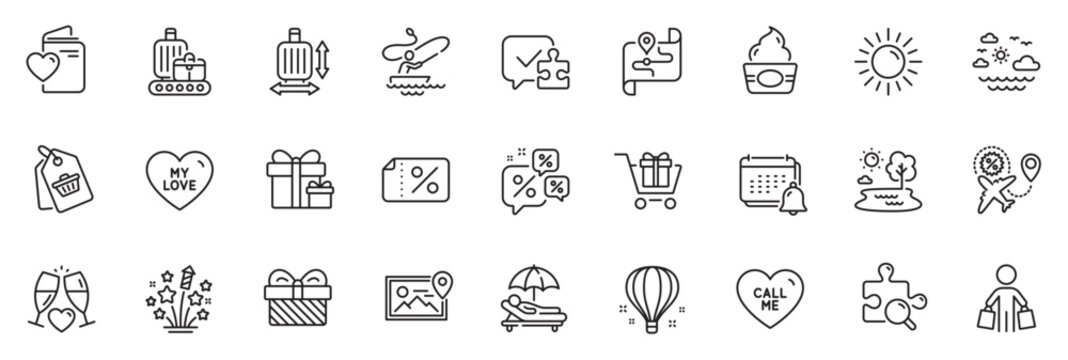 Icons pack as Map, Flight sale and My love line icons for app include Air balloon, Discounts chat, Ice cream outline thin icon web set. Search puzzle, Discount banner, Call me pictogram. Vector