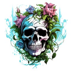 A skull surrounded by flowers.