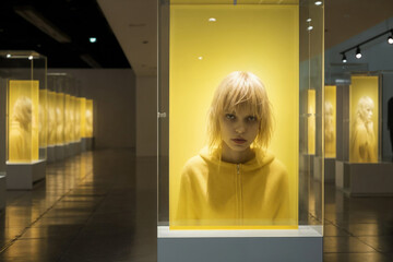 Generative AI image of a woman with a contemplative expression, standing in a yellow-lit art gallery, surrounded by similar monochromatic displays.
