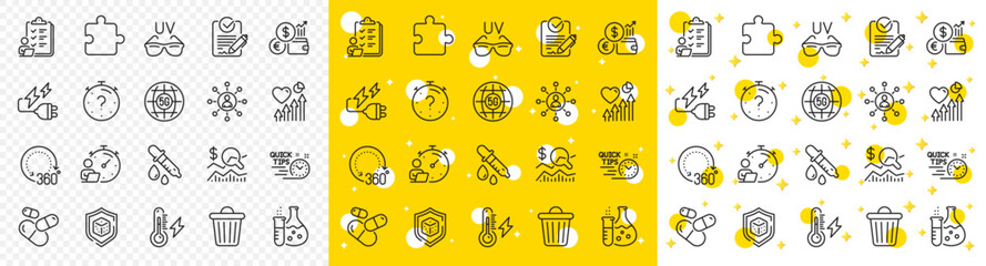 Outline Quiz, Electricity plug and Rfp line icons pack for web with Timer, 5g internet, Electricity power line icon. Currency rate, Capsule pill, 360 degrees pictogram icon. Dice. Vector