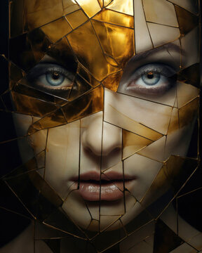 Generative AI image of an artistic portrait with golden geometric patterns fragmenting the subject's face.