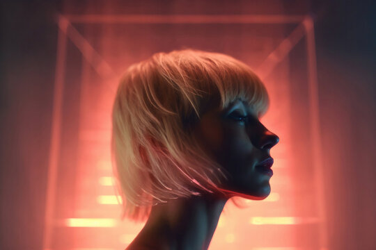 Generative AI-created image featuring a silhouetted woman with a bob haircut illuminated by vibrant neon lighting in a moody atmosphere.