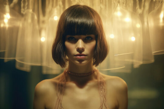 An enigmatic woman stands under glowing chandeliers, her gaze piercing through the shadows. Generative AI