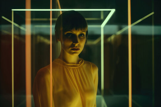 Generative AI image of an enigmatic woman with a short bob haircut presented in a gallery of mirrors, highlighted by neon light.