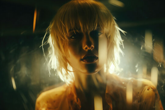 Generative AI image of a young woman with blonde hair, illuminated by a warm, diffused light, creating a soft and enigmatic atmosphere.