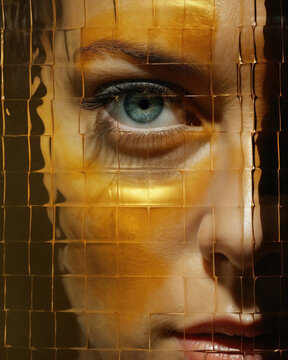 Generative AI image of a close-up portrait with a fragmented, golden texture overlay, focusing on a human eye.