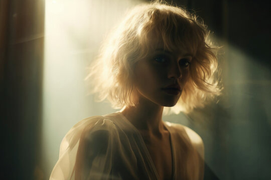 Generative AI image of a thoughtful young woman with a short, wavy hairstyle bathed in ethereal sunlight, creating a dreamlike atmosphere.