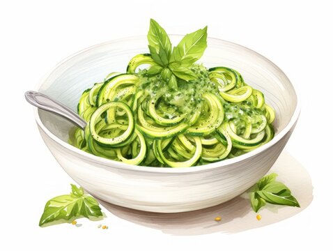 Minimalistic Watercolor Illustration of Zucchini Noodle Pasta AI Generated