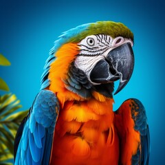 A majestic macaw, its striking colors contrasted against a clear blue sky, capturing the essence of the tropics.