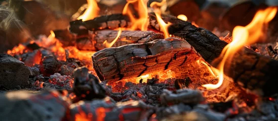  Wood burning in fireplace. Pyre flames. Fire texture in furnace. Combustion. © AkuAku
