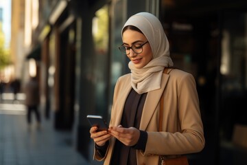 Cheerful Muslim woman in hijab using smartphone